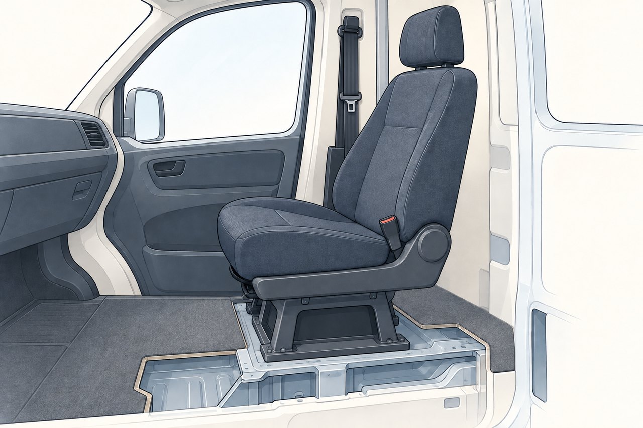 Illustrated empty van seat, with the belt stowed beside it, a mounting base and a cutaway exposing the floor structure.