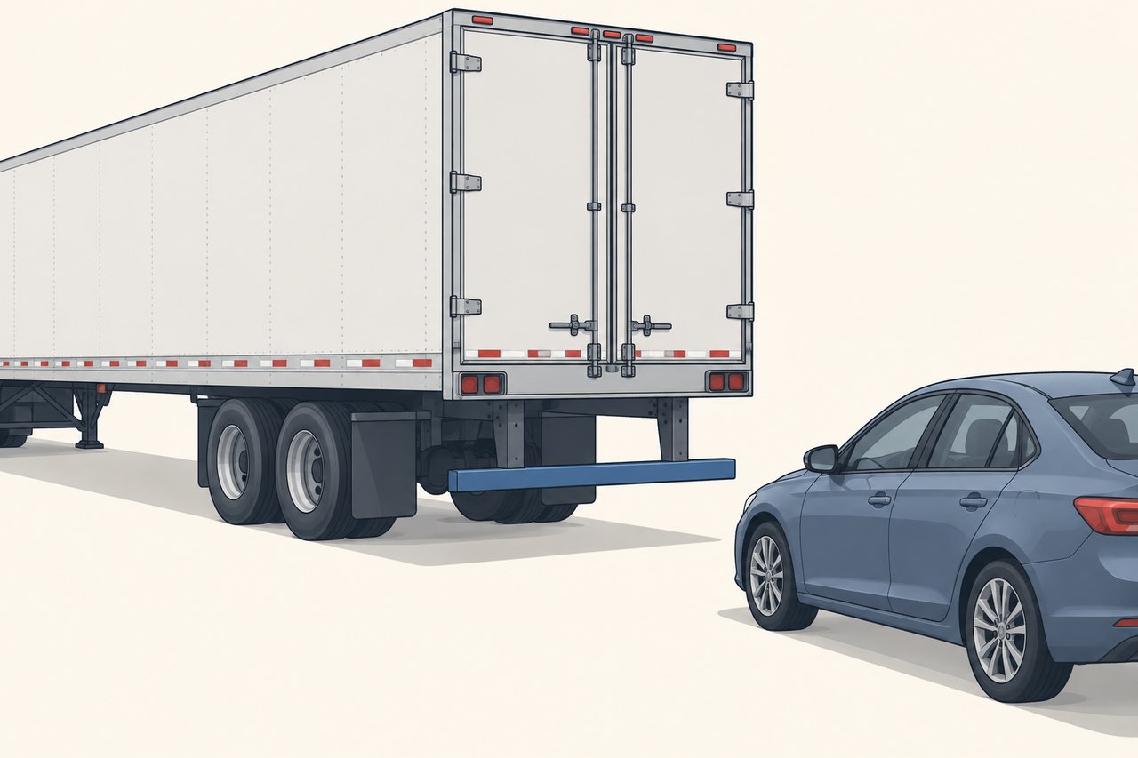 Illustrated rear of a high box trailer with a blue horizontal guard below the cargo body, and a car behind it before any contact.
